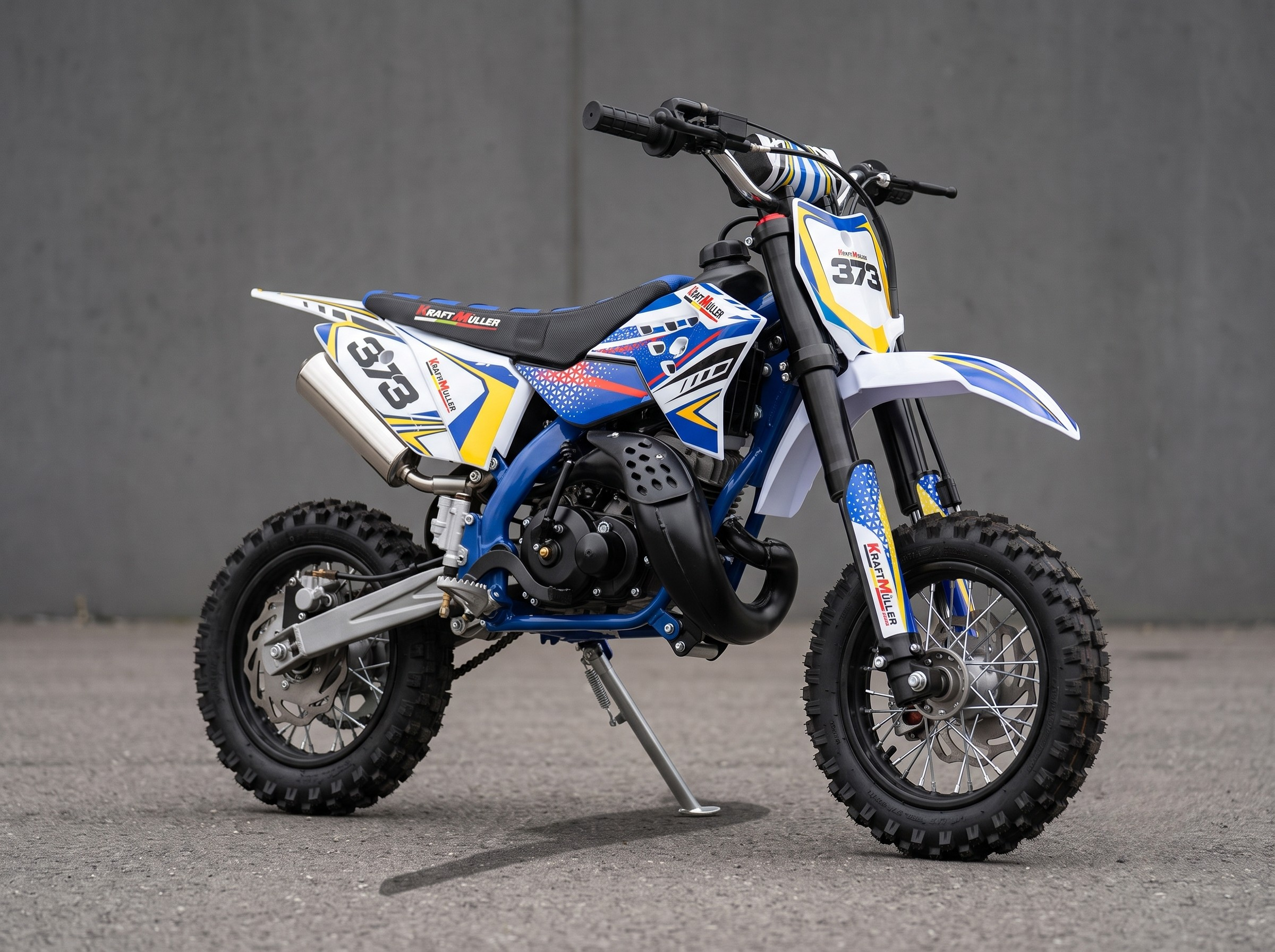 Pit bike Varman MX50 bleu 50cc, freins hydrauliques et fourche inversée